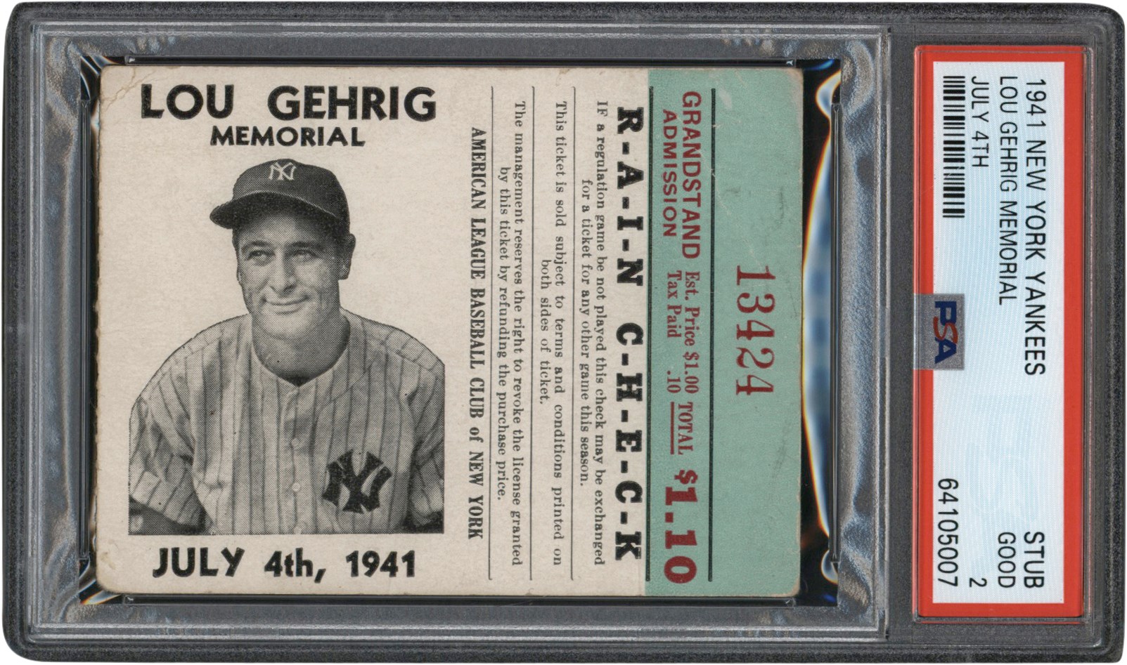 - 1941 Lou Gehrig Memorial Day Ticket Stub PSA GD 2