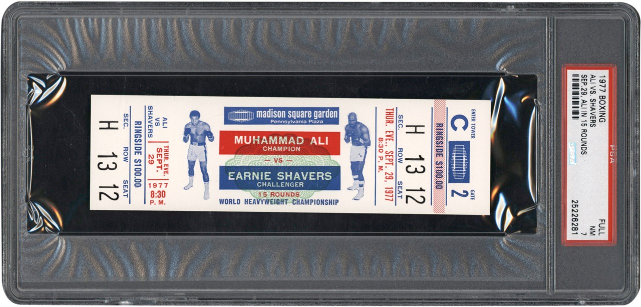 #1 Muhammad Ali PSA Ticket Collection - 1977 Muhammad Ali vs. Earnie Shavers Full Ticket PSA NM 7 (Pop 2 - None Higher)