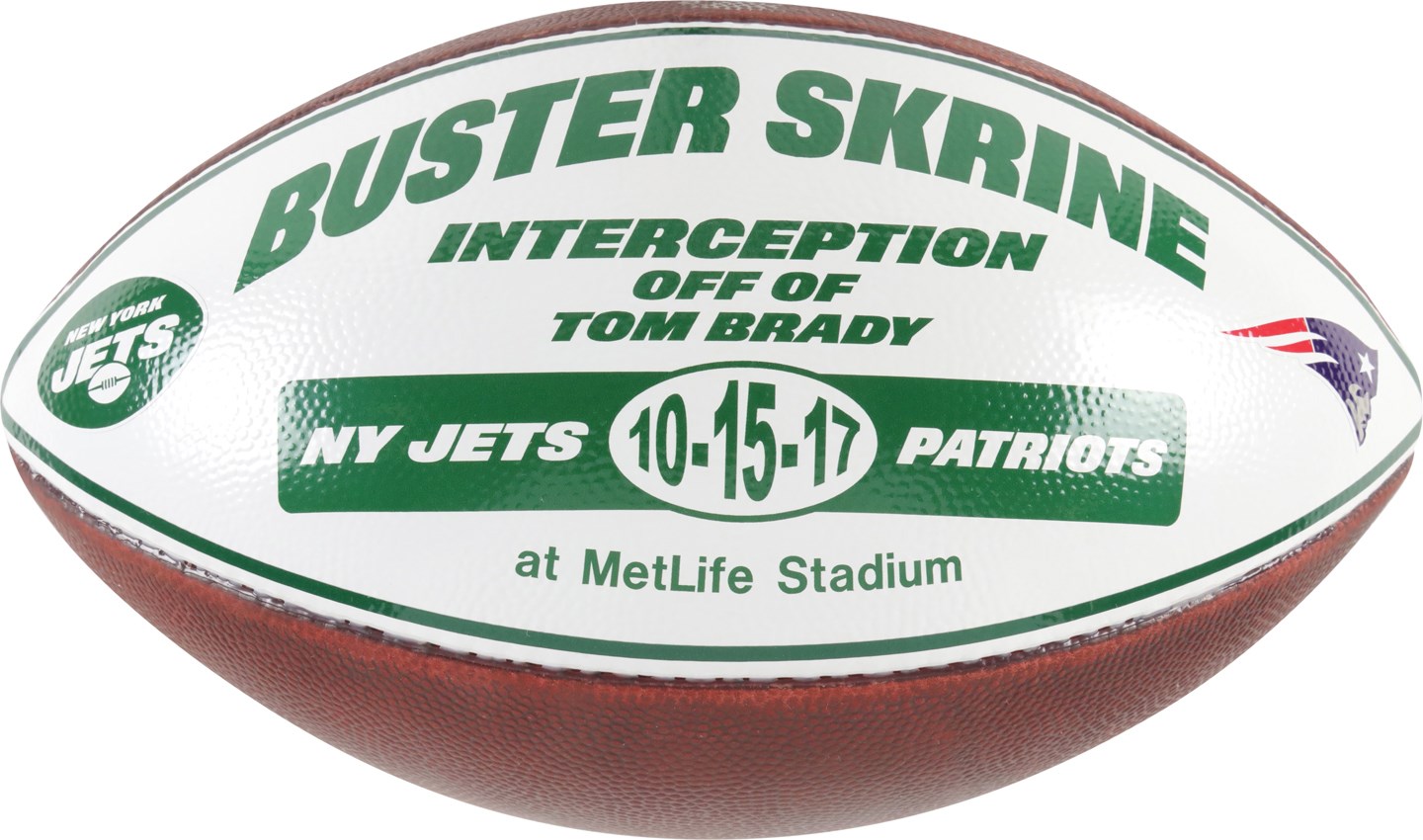 - 10/15/17 Tom Brady Game Used Interception Football to Buster Skrine from Record-Breaking Game - Brady Sets NFL Record for Most Regular Season Wins by a QB (Resolution Photo-Matched)