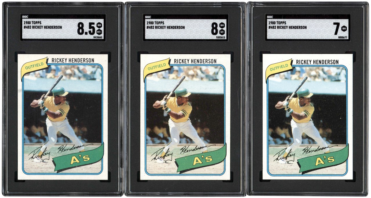 Baseball and Trading Cards - 1980 Topps #482 Rickey Henderson Rookie Card Trio (SGC 7, 8 & 8.5)