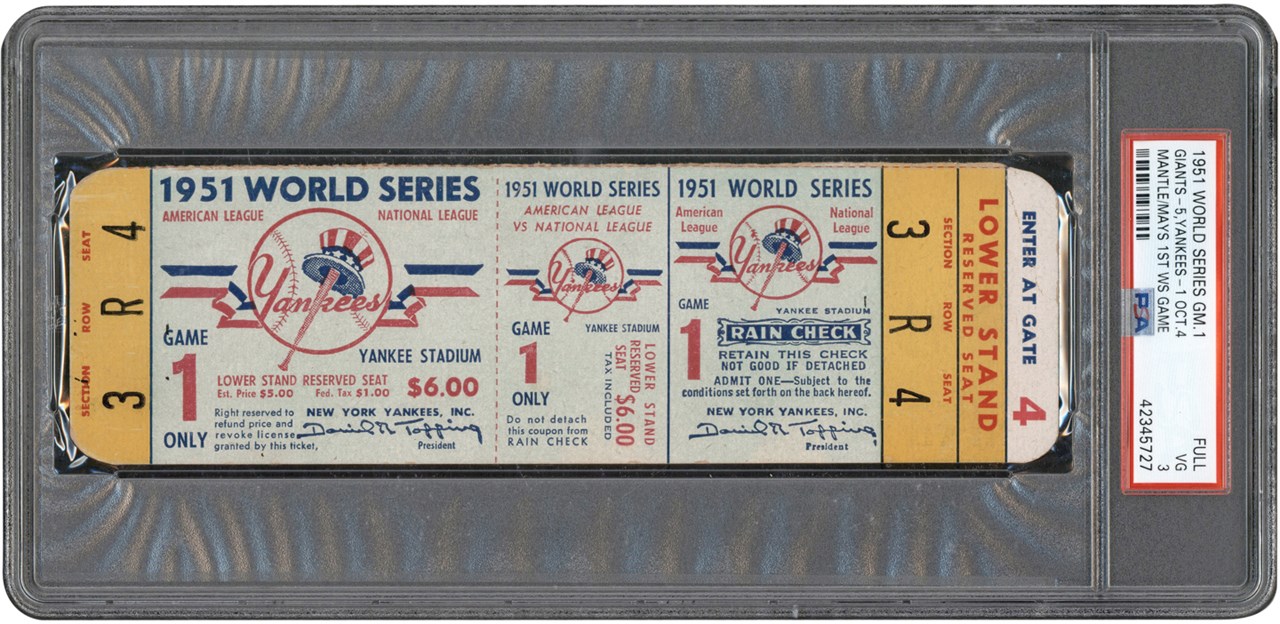 - 1951 World Series Game 1 Full Ticket - Mantle & Mays 1st World Series Game - PSA VG 3 (Pop 1 of 1 - One of Only 3 Graded)