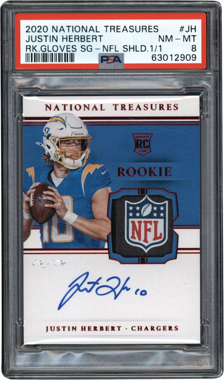 - 2020 National Treasures Football Rookie Gloves Signatures NFL Shield Logo #JH Justin Herbert Rookie Autograph Patch Card #1/1 PSA NM-MT 8