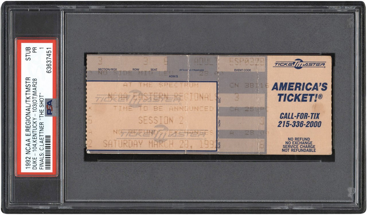 - 1992 Christian Laettner NCAA Championship "The Shot" Ticket - One of Three PSA Examples! PSA PR 1