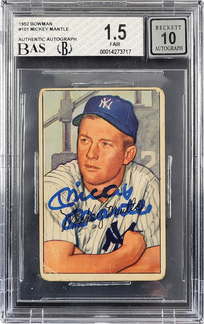 Baseball and Trading Cards - Signed 1952 Bowman #101 Mickey Mantle BGS FR 1.5 Auto 10