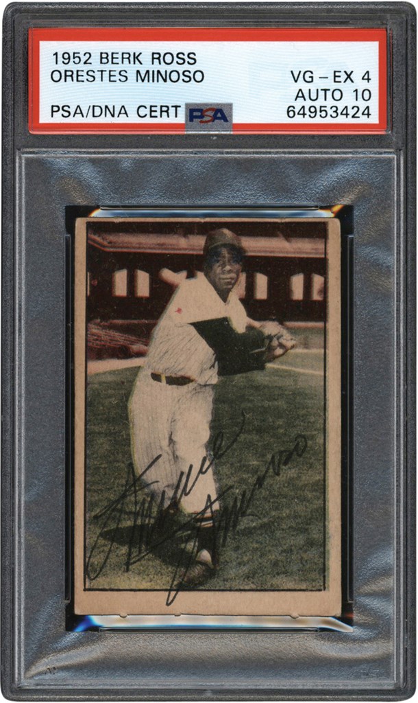 Baseball and Trading Cards - Signed 1952 Berk Ross Minnie Minoso Rookie Card PSA VG-EX 4 Auto 10 (Pop 1 One Higher)