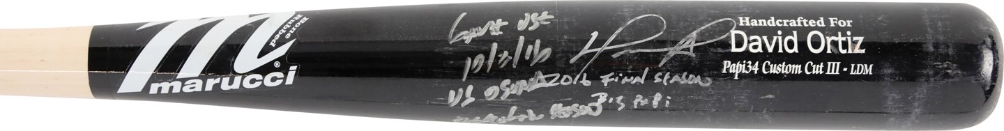 - 10/2/16 David Ortiz Boston Red Sox Signed & Inscribed Game Used Bat from Final Regular Season At-Bat (PSA GU 10 & Photo-Matched)