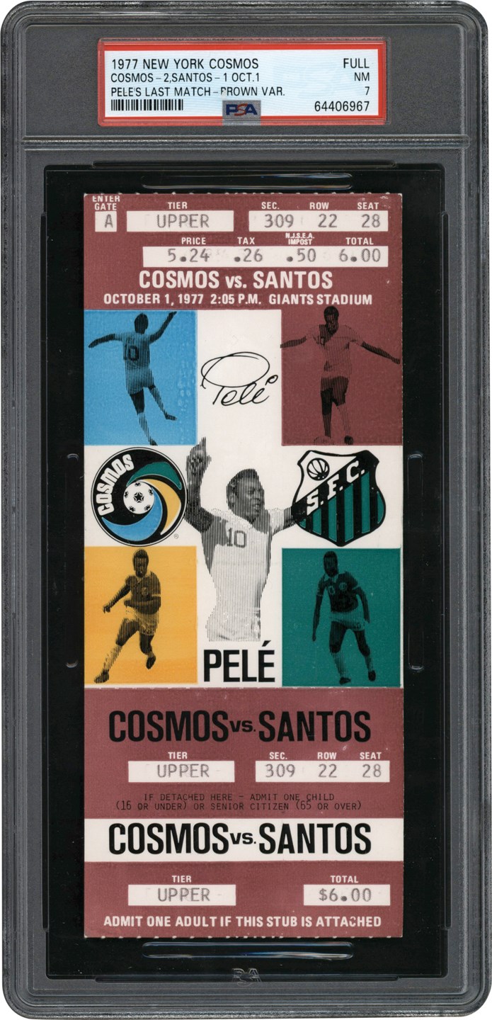 Olympics and All Sports - 1977 Pele Last Match New York Cosmos Brown Variation Full Ticket PSA NM 7 (Pop 2 Highest Graded)