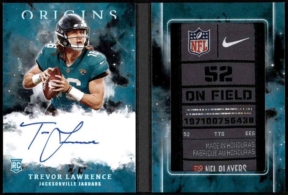 - 2021 Panini Origins Football Rookie Booklet #RBA-TL Trevor Lawrence "1/1" Laundry Tag Patch Autograph Card