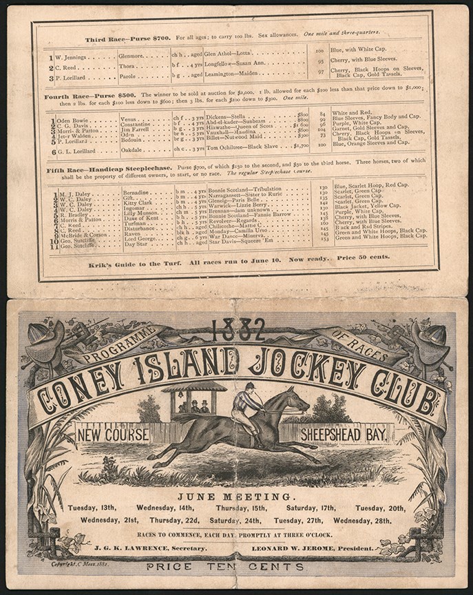 - 1882 Program Showcasing Hall of Fame Racehorse Hindoo