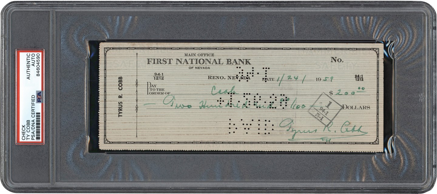 Ty Cobb and Detroit Tigers - 1959 Ty Cobb Signed Bank Check (PSA)