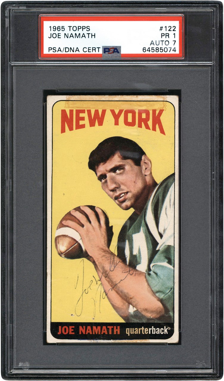 Football Cards - Vintage Signed 1965 Topps Football #122 Joe Namath Rookie Card PSA PR 1 Auto 7