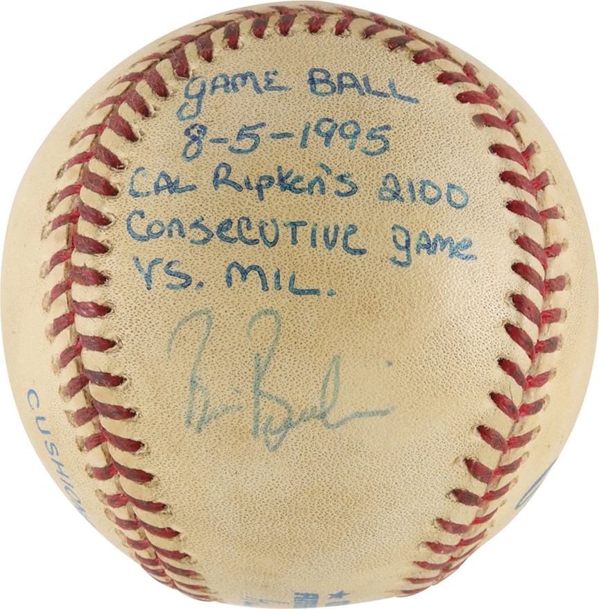 - 8/5/95 Cal Ripken Jr. Game Used Baseball from Consecutive Game #2100