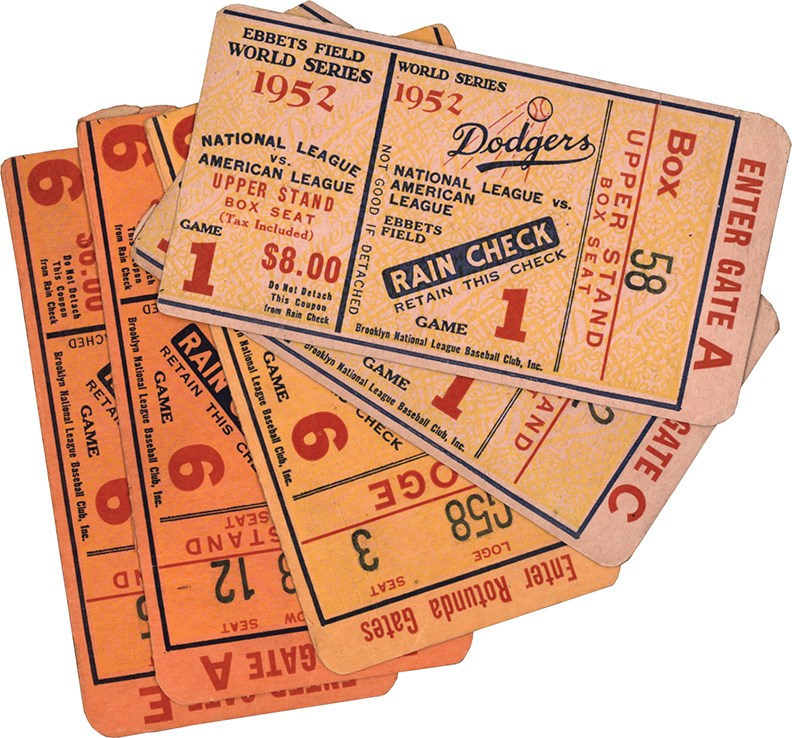 - 1952 World Series Game One & Six Ticket Stub Collection w/Two Jackie Robinson First WS Home Run (5)