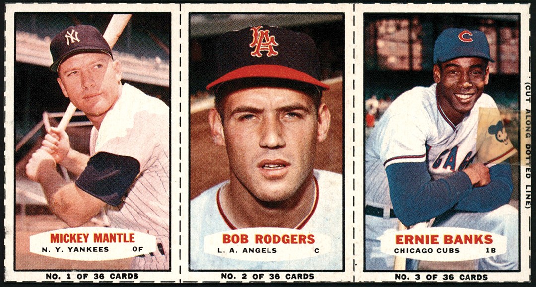 - 1961 Bazooka Baseball 3 Card Panel w/Mickey Mantle & Ernie Banks