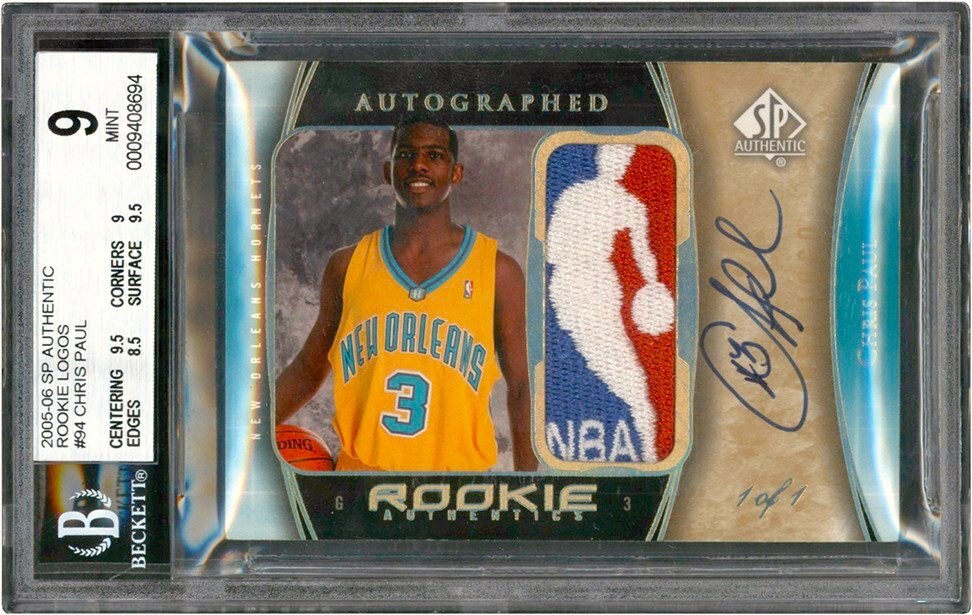 - 005-06 SP Authentic Rookie Logos #94 Chris Paul Rookie NBA Logoman Patch Autograph #1/1 BGS MINT 9 - Auto 10