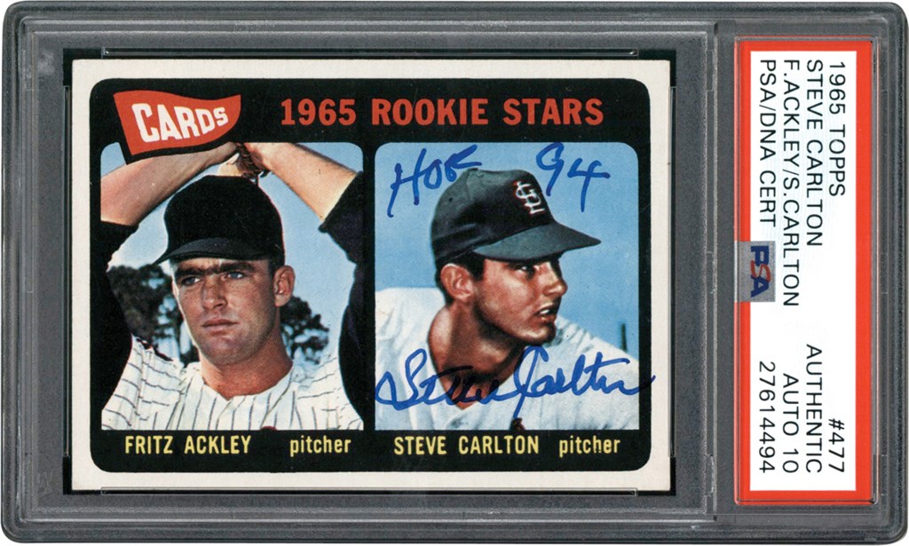 - Signed  & Inscribed 1965 Topps #477 Steve Carlton Rookie Card ( PSA Authentic - Auto 10 )