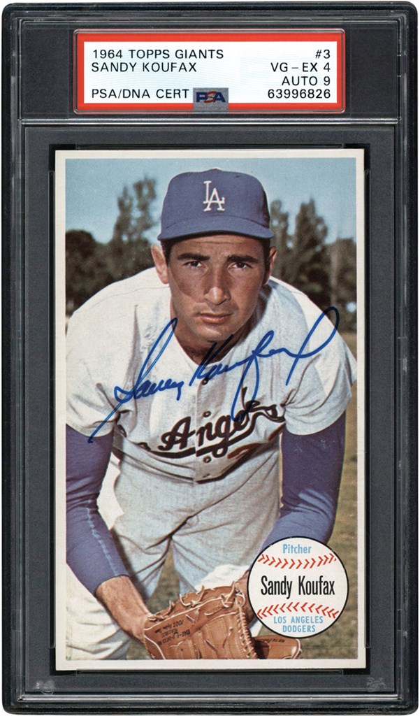 Baseball and Trading Cards - Signed 1964 Topps Giants #3 Sandy Koufax PSA VG-EX 4 - Auto 9