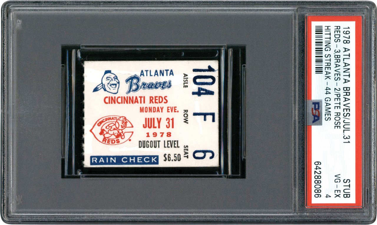 Pete Rose & Cincinnati Reds - 1978 Pete Rose Record Setting 44th Game Hitting Streak Ticket Stub PSA VG-EX 4 (Pop 1 - One Higher)