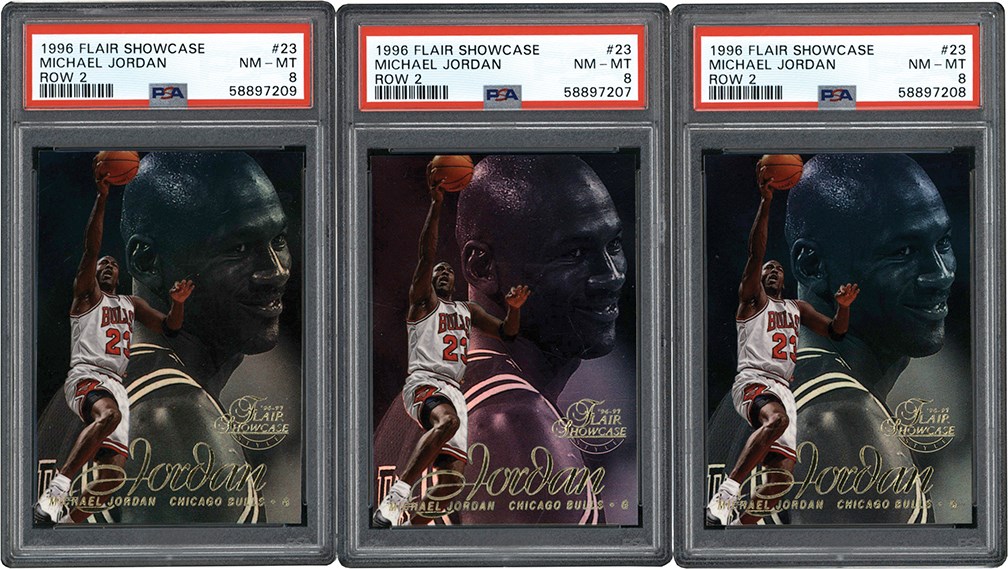 Modern Sports Cards - 996 Flair Showcase Basketball #23 Michael Jordan Row 2 Card PSA 8 Trio (3)