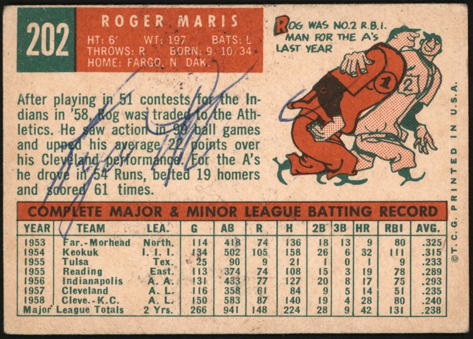 - 959 Topps Baseball #202 Roger Maris Autographed Card w/Full JSA Letter
