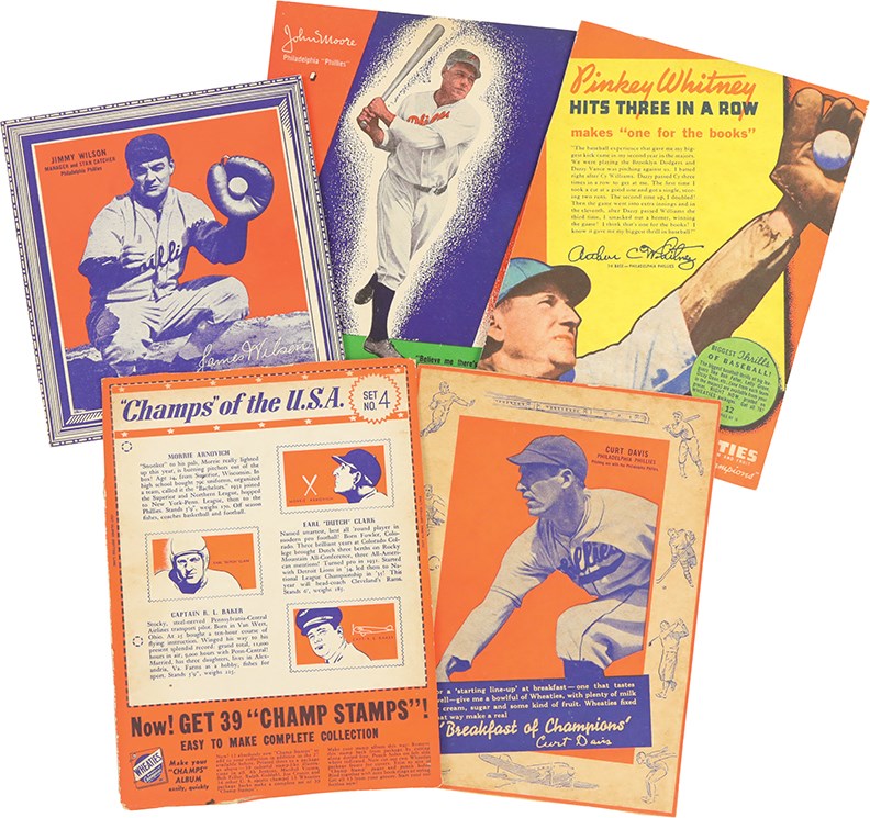 - 936-1940 Wheaties Cereal Box Cut-Out Philadelphia Phillies Card Collection (5)
