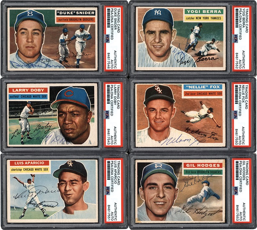 956 Topps Hall of Famer Signed Card Collection (11) w/Hodges, Fox, Berra, and Aparicio Rookie (All PSA Encapsulated)