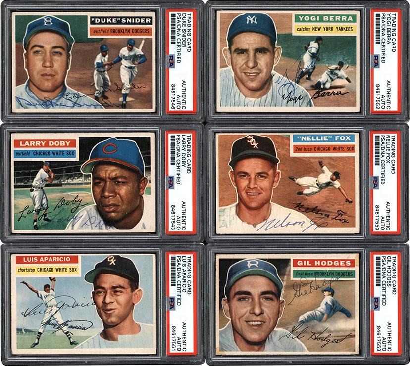 Baseball and Trading Cards - 956 Topps Hall of Famer Signed Card Collection (11) w/Hodges, Fox, Berra, and Aparicio Rookie (All PSA Encapsulated)