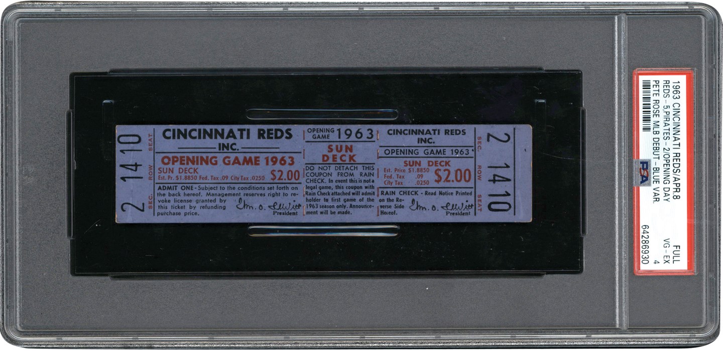 Pete Rose & Cincinnati Reds - 1963 Pete Rose MLB Debut Full Ticket PSA VG-EX 4 (Pop 2 - One Higher)