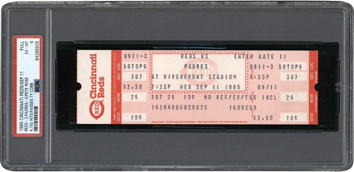 Pete Rose & Cincinnati Reds - 1985 Pete Rose 4,192 Record Breaking Hit Full Ticket PSA EX-MT 6