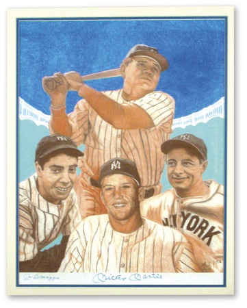 NY Yankees, Giants & Mets - 1984 Original Mantle & DiMaggio Autographed Pastel Art from Yankee Magazine