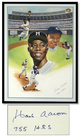 - Hank Aaron Autographed Original Art by Amato (26x33”)