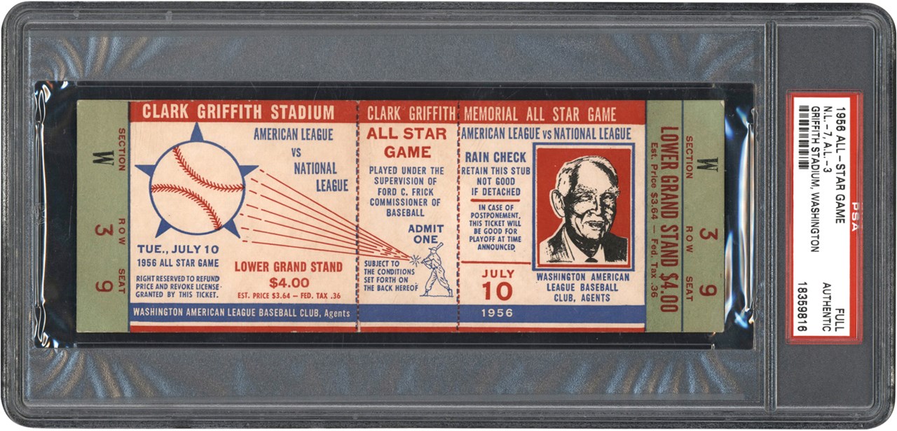 Tickets, Publications & Pins - 1956 Baseball All Star Game Full Ticket (PSA)