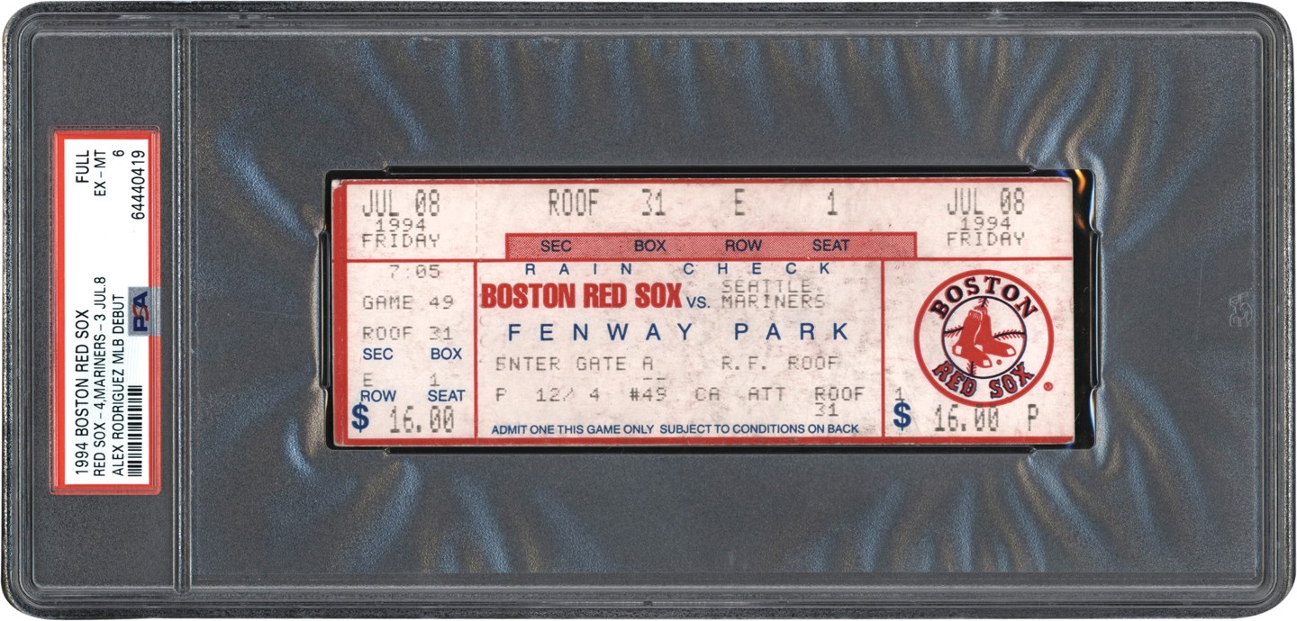 - 7/8/94 Alex Rodriguez MLB Debut Full Ticket PSA EX-MT 6 (Pop 1 - Three Higher)