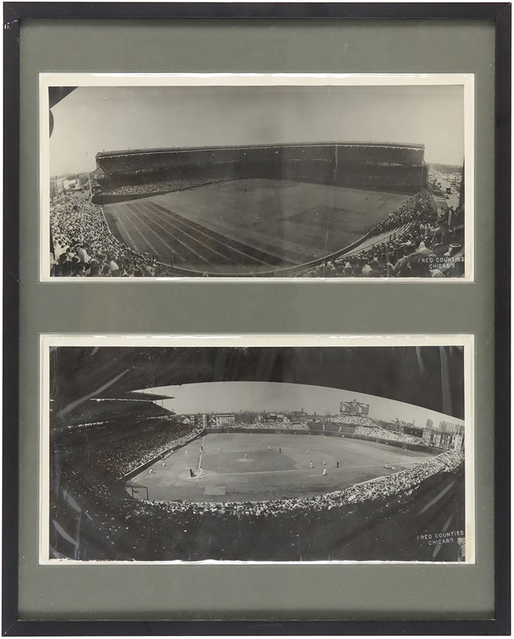 Vintage Sports Photographs - Pair of Original 1945 Wrigley Field Opening Day Panoramic Photographs in Framed Display - Taken by Fred Countiss