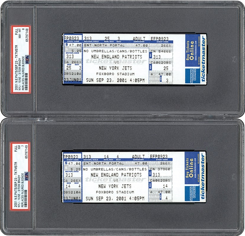 Tickets, Publications & Pins - 9/23/01 Tom Brady Replaces Drew Bledsoe PSA 8 & PSA 7 Full Tickets