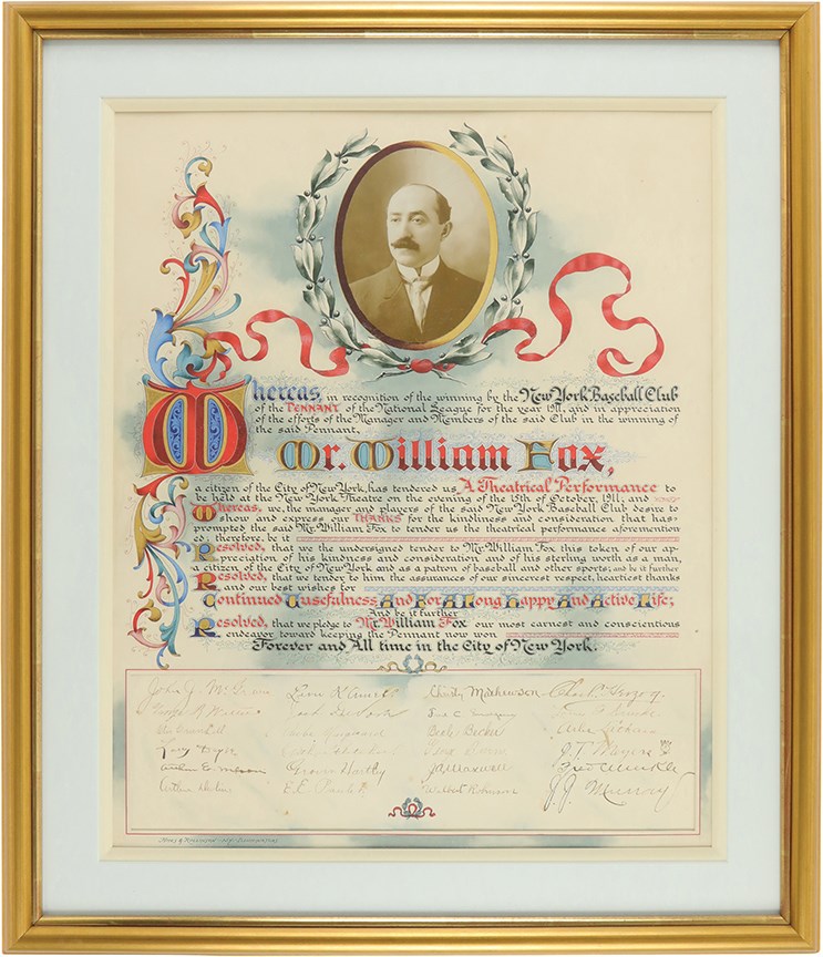 Baseball Autographs - 1911 National League Champion New York Giants Team-Signed Resolution feat. Christy Mathewson - Presented to William Fox (PSA)