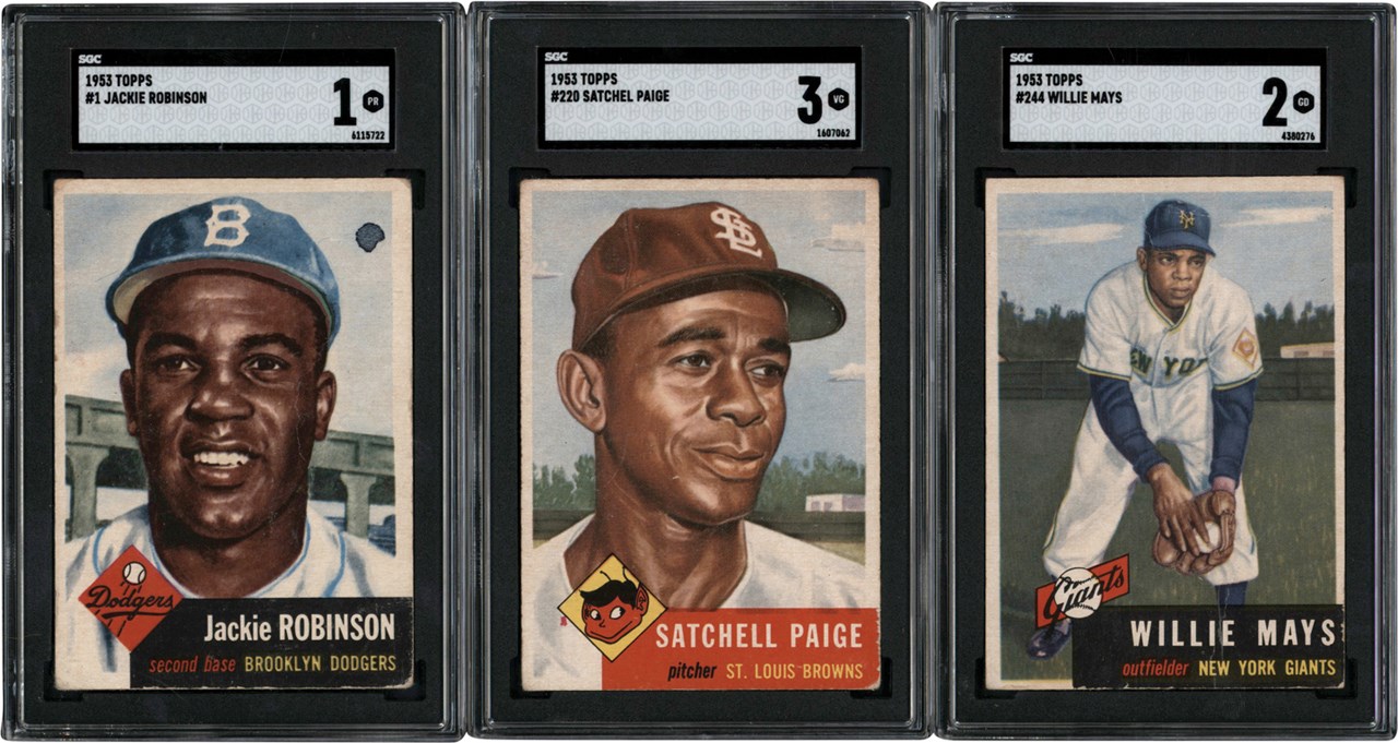 Baseball and Trading Cards - 1953 Topps Willie Mays, Jackie Robinson, & Satchel Paige SGC Graded Trio
