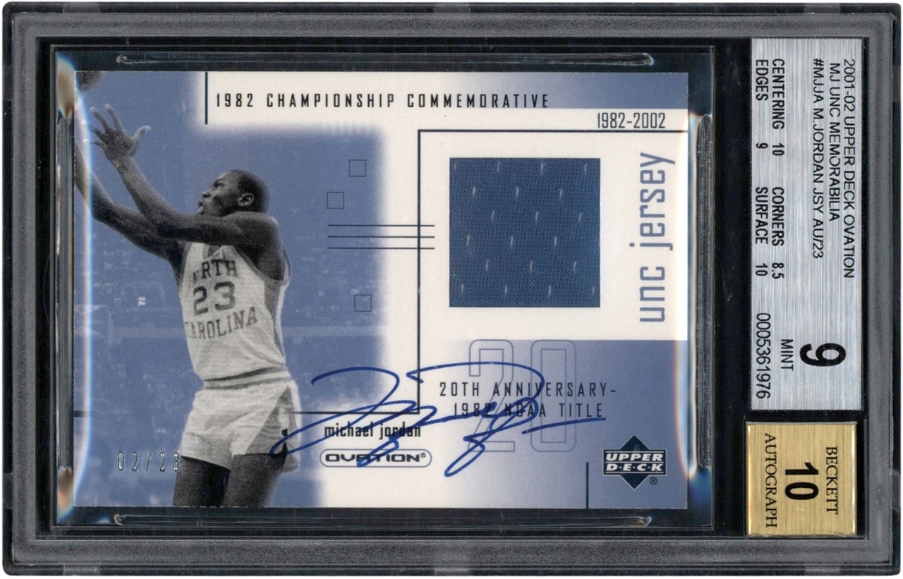Modern Sports Cards - 001-2002 Upper Deck Ovation MJ UNC Memorabilia #MJAA Michael Jordan Autograph Game Worn UNC Jersey #2/23 BGS MINT 9 Auto 10 (Pop 1 of 1 Highest Graded)