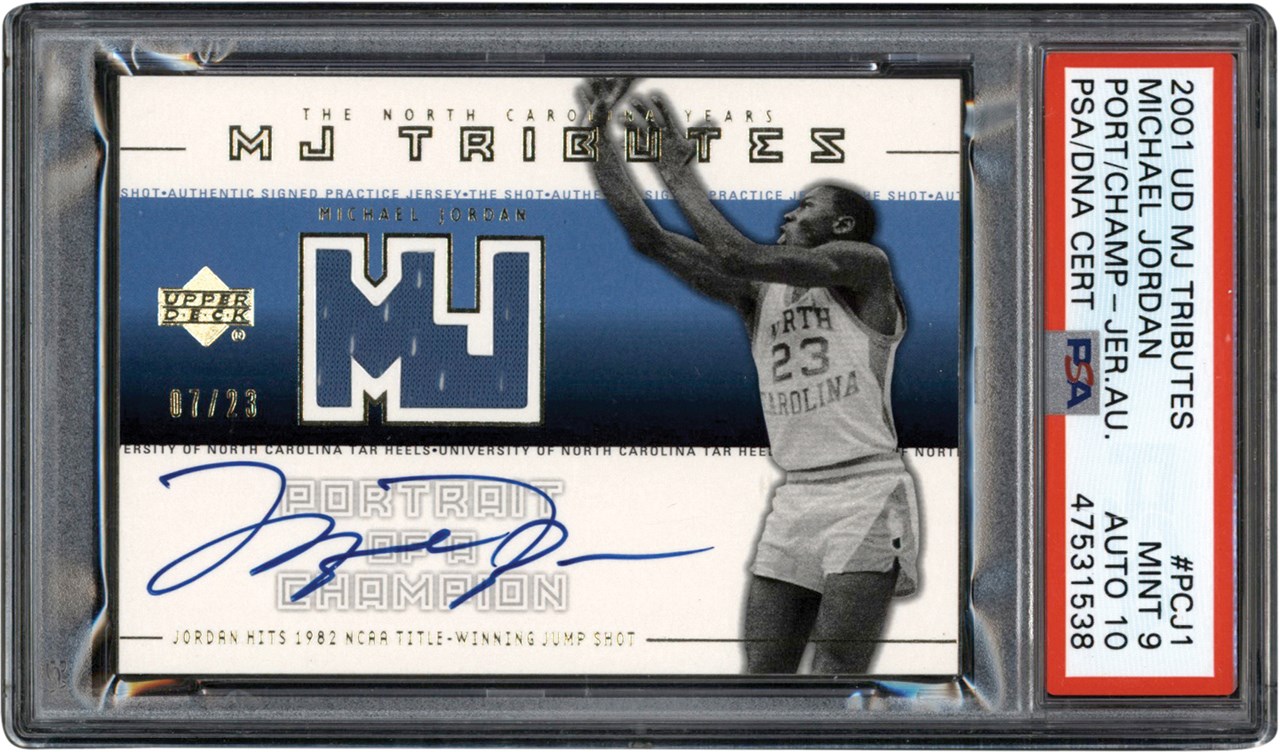 Modern Sports Cards - 001 UD MJ Tributes Portrait of a Champion #PCJ1 Michael Jordan Autograph Jersey #07/23 PSA MINT 9 - Auto 10 (Pop 2 Highest Graded)