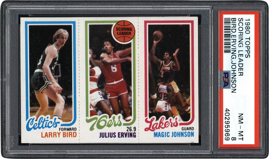 Modern Sports Cards - 980 Topps Scoring Leaders Larry Bird, Magic Johnson, & Julius Erving Rookie Card PSA NM-MT 8