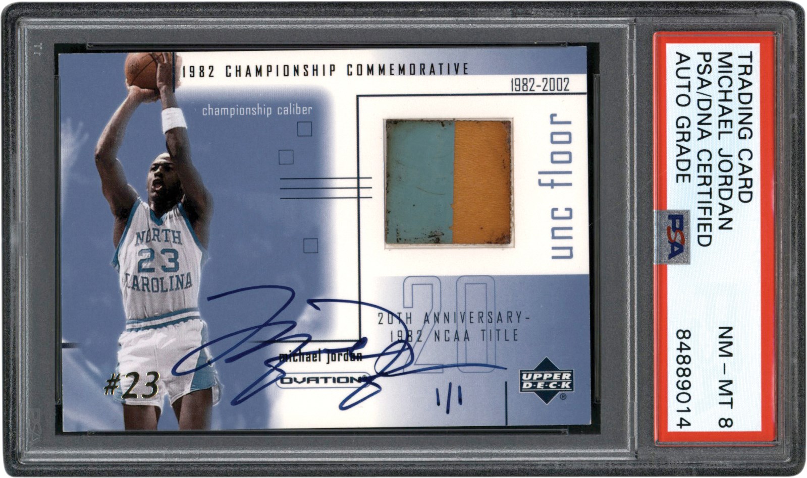 Basketball Cards - 2001-2002 Upper Deck Ovation MJ UNC Memorabilia #MJF4 Michael Jordan Game Used Floor Autograph Card #1/1 (PSA 8 Auto)