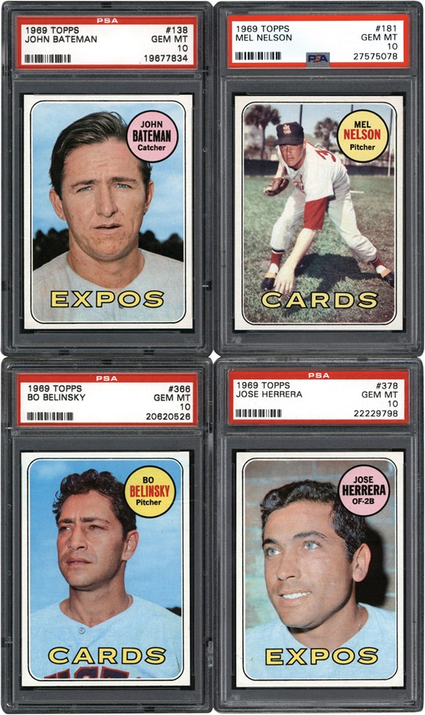 - 1969 Topps Cardinals & Expos PSA GEM MINT 10 Collection (4) w/Bo Belinsky