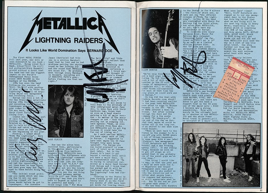 1/27/85 Metallica Signed Magazine by Four Original Members inc. Cliff Burton & Ticket Stub to Concert (PSA)