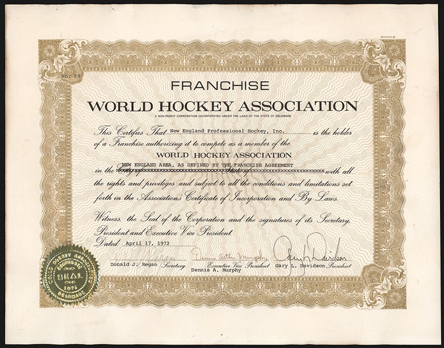 - 1972 New England Whalers WHA Original Franchise Certificate w/Team Photo