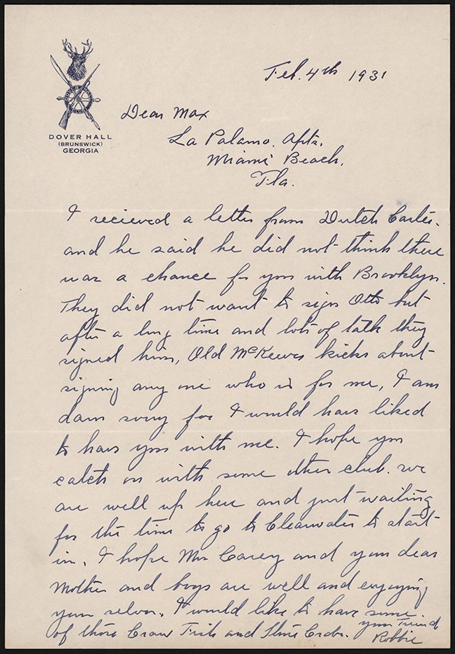 Baseball Autographs - Rare 1931 Wilbert Robinson Signed Handwritten Letter to Max Carey (PSA MINT 9 Auto)