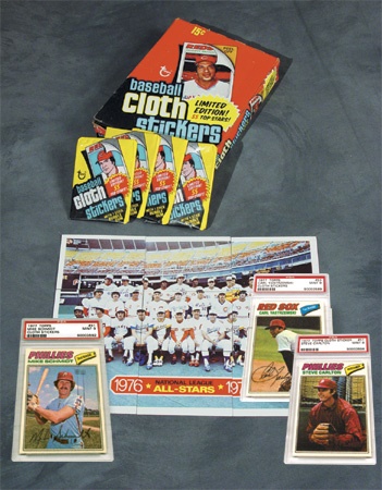 Baseball and Trading Cards - 1977 Topps Cloth Sticker Wax Box  & Complete Set w/ (8) PSA