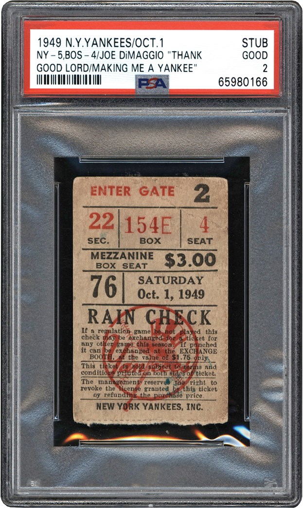 Tickets, Publications & Pins - 10/1/49 Joe DiMaggio "Thank the Good Lord for Making Me a Yankee" Ticket Stub PSA GD 2 (Pop 1 - One Higher)