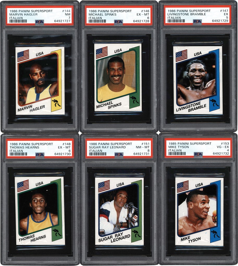 Boxing Cards - 1985-86 Panini Supersport Italian Collection (6) w/Mike Tyson PSA 4 & Sugar Ray Leonard PSA 8