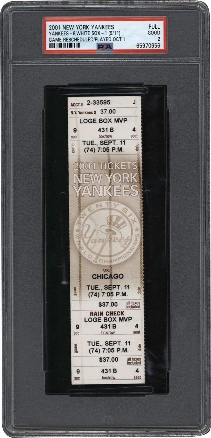 - September 11, 2001, New York Yankees vs. Chicago White Sox Unused Full Game Ticket PSA GOOD 2