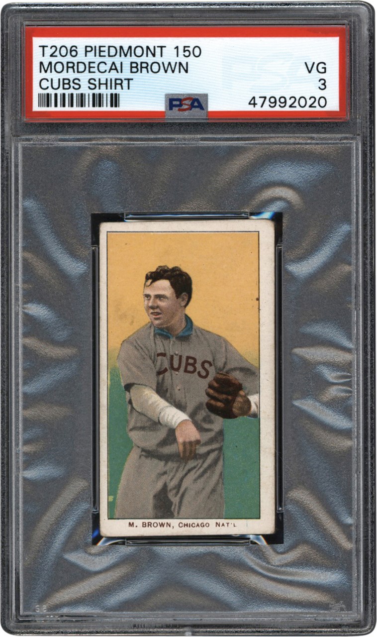 Baseball and Trading Cards - 1909-1911 T206 Mordecai Brown Cubs Shirt Piedmont 150 Back PSA VG 3